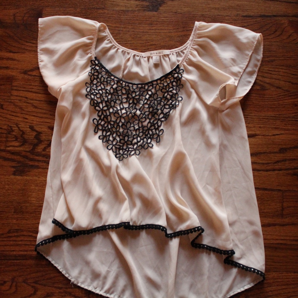 Creme sheer top with flower embroidered lace front